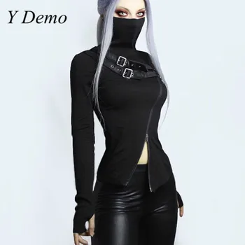 Y Demo Gotic Curele Catarama Femei tricou Slim Harajuku Maneca Lunga Guler Negru Pulover