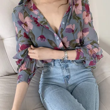 Femei De Moda De Epocă Lungă Puff Maneca Tricouri Imprimate De Vară Primăvară V-Neck Top Ladies Șifon Buton Bluze Femei Bluze 2020