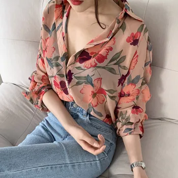 Femei De Moda De Epocă Lungă Puff Maneca Tricouri Imprimate De Vară Primăvară V-Neck Top Ladies Șifon Buton Bluze Femei Bluze 2020