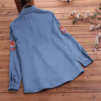 Moda Topuri Brodate Femei Denim Albastru, Tricouri 2021 ZANZEA Elegant Buton Jos Blusas de sex Feminin Rever Plus Dimensiune Bluza Tunica