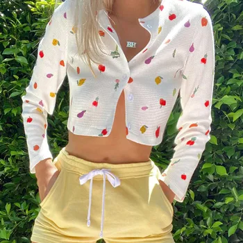 Femei de Fructe de Imprimare T-shirt Casual Moda Sălbatic Maneca Lunga Single-breasted Cardigan Culturilor Sus