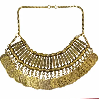 Etnic, Boem, Vintage de Culoare de Aur turcească Tigan Boho Declarație Plaja Cravată Monede tassel Salopete Colier Guler Pentru Femei Bijuterii