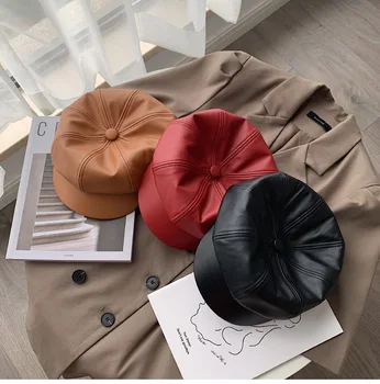 2020 Toamna Iarna Nou-Moda pentru Femei Culoare Solidă din Piele PU Capace Capac Octogonal Casual Pălării Vintage Capac de vânzător de ziare pentru Femei Casquette