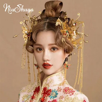 NiuShuya Chineză Tradițională Aur De Mireasa Frizură Cu Margele Vechi Fluture HairbandLong Ciucure Nunta Bijuterii Accesorii De Par