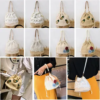 Noi de mână-țesute rattan sac de dantelă flori femeilor sac de paie de moda pearl beach geantă de mână