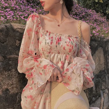 2019 Brand Nou Rochie De Vara Square Neck Maneca Lunga Rochie Floral Drăguț Stil Lolita Șifon Rochie Midi Dulci Fete Dress Vestidos