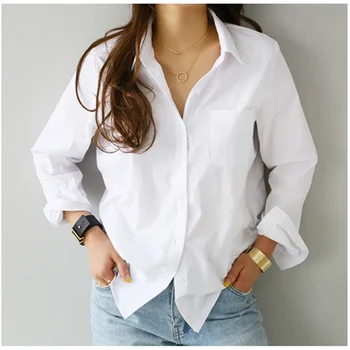 2020 Primăvară-Un Buzunar Femeile Cămașă Albă de sex Feminin Bluza Bluze Casual cu Maneci Lungi Guler de Turn-down OL Stil Femei Bluze Largi