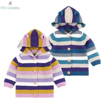 Copil nou-născut fete haine Copii Rainbow Stripe jachete pentru băiat Cardigan Tricotate de Toamna Cu Drăguț Ureche Hanorac Baby Girl Haina