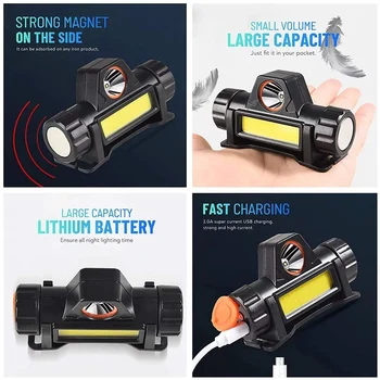 Portabil Mini Lanterna Q5+COB Led Far USB Reîncărcabilă Faruri Baterie 18650 în aer liber Camping Funcționare Pescuit Faruri
