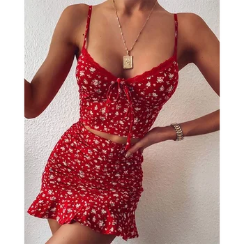 Noua Moda de Vara pentru Femei Rochie de Plajă Set de Două Piese Costum de Curea Spaghete Culturilor Top si Fusta Mini Sexy Florale Rochie de Imprimare Set