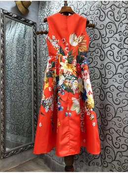 De Înaltă Calitate De Mătase Rochie 2021 Vară De Moda De Îmbrăcăminte Pentru Femei, O-Neck Fermecător De Imprimare Florale Rochie Fără Mâneci Slim Fit & Flare Dress Orange