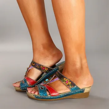 SNURULANPlus Dimensiune Vintage Boem Femei Papuci Cu Toc Mic Imprimate Din Piele Pantofi De Femeie Diapozitive Papuci De Plaja Doamnelor Pantofi