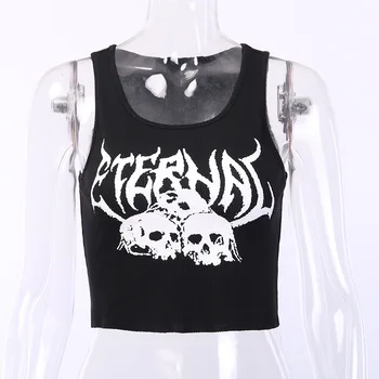 Gothic Punk Topuri Femeile Streetwear Spini Flacără Neagră Scrisoare De Imprimare Rezervor De Top De Vară Sexy Rochie Fără Mâneci Largi Casual Harajuku Sus