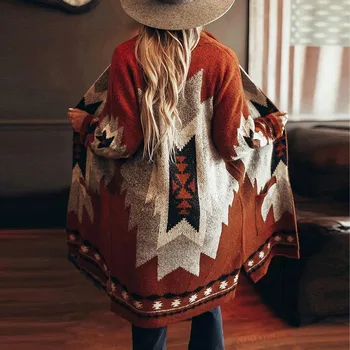 Femei de Moda de Iarna Vintage Tribal Tricotate Cardigan Pulover Haina Bluza Femei de Top Solid Elastic Maneci Lungi Cardigane Tricotate