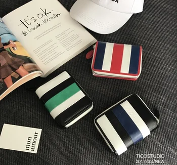 Moda 2017 vara cu dungi cu lambriuri scurt portofel din piele zip wallet portofel Titularului Cardului