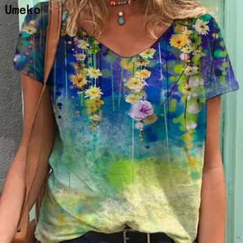 Plus Dimensiune 5XL Graphic Tee Shirt Îmbrăcăminte de Vară Noi de Moda pentru Femei V-neck Floare de Imprimare Maneca Scurta Casual Pierde T-shirt Y2k Sus