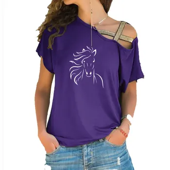 Iubesc Cal De Imprimare T-Shirt Femei De Vară Neregulate Oblic Cruce Bandaj Topuri Tee