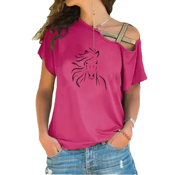 Iubesc Cal De Imprimare T-Shirt Femei De Vară Neregulate Oblic Cruce Bandaj Topuri Tee