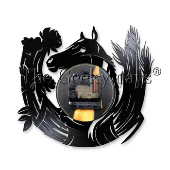Negru Cai de Rulare LED disc de Vinil de Perete Ceas de Perete Modern Lampă de Perete Ceas de Arta Cal faunei Sălbatice LED Lumina de Noapte