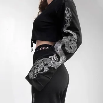 Rosetic Animal Print Dragon T-Shirt Femei Gotic Tricouri Toamna 2020 Maneca Lunga Streetwear Stil Chinezesc Buric Scurt, Tricouri