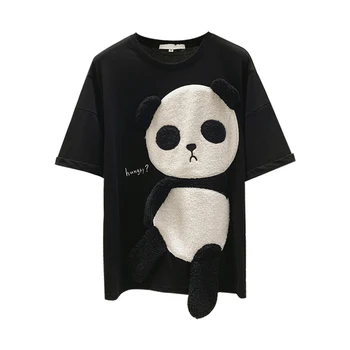 Panda Brodate cu Maneci Scurte din Bumbac T-shirt Femei 2020 Primăvară-Vară Pierde-Fit T-shirt de Moda Haine de sex Feminin Tricou Tee T