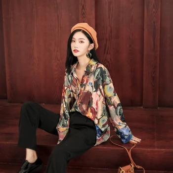 CHEERART Toamna Femei Topuri Si Bluze cu Maneci Lungi Buton-Up Bluza Impresionism Bluza Print 2019 Designer de Tricouri Haine