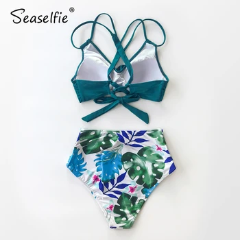 SEASELFIE Dantela Sus de Talie Mare Bikini Seturi Sexy Femei Teal și Florale Împinge în Sus Bikini Două Piese de Costume de baie 2021 Plajă Costum de Înot