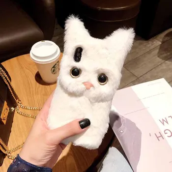 Alb drăguț 3D pisica blana de Pluș telefon Caz pentru iPhone 12 11 Pro Max XS Max X XR 6 6S 7 8 Plus Iarna Cald blana Moale TPU Capacul din Spate