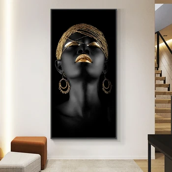 Femeia Pictura in Ulei pe Panza, Arta Africană Negru și Auriu Cuadros Postere si Printuri Scandinave Arta de Perete de Imagine pentru Camera de zi