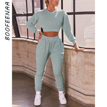 BOOFEENAA Solid Sportwear Set de Două Piese Maneca Lunga Top si Pantaloni Toamna Iarna Haine pentru Femei Trening Lounge Purta C97-EA83