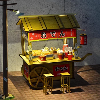 DIY casă de Păpuși din Lemn, Case papusa in Miniatura Stand de Stradă Japoneză Oden Mobilier de Alimentare Ornamente Kit-ul cu Led-uri pentru Copii Cadouri