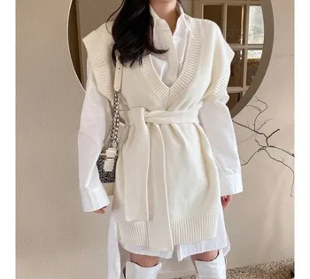 Pulover supradimensionat pentru Femei de Iarnă Tricotate Vesta V Gât Solidă fără Mâneci Stil coreean Uza Partea de Fantă Pulover Lung de sex Feminin Topuri