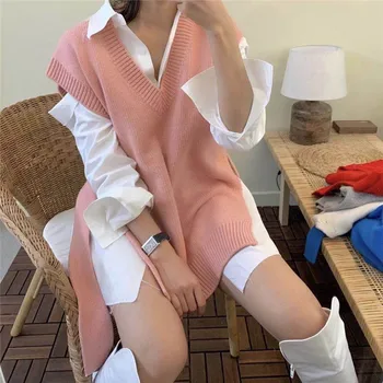 Pulover supradimensionat pentru Femei de Iarnă Tricotate Vesta V Gât Solidă fără Mâneci Stil coreean Uza Partea de Fantă Pulover Lung de sex Feminin Topuri