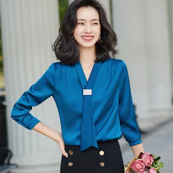 Naviu De Înaltă Calitate Material Din Satin Femei Profundă V-Neck Cămașă De Moda Papion Bluze Office Lady Topuri Uzura Formale