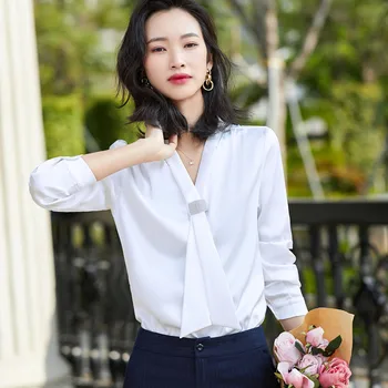 Naviu De Înaltă Calitate Material Din Satin Femei Profundă V-Neck Cămașă De Moda Papion Bluze Office Lady Topuri Uzura Formale