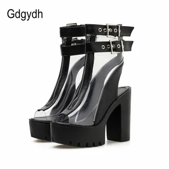 Gdgydh 2020 Nou Pantofi De Vara Pentru Femei Transparent Peep Toe Toc Înalt Bloc Sexy Sandale Pantofi Ghete Moda Cataramă Pantofi Negru