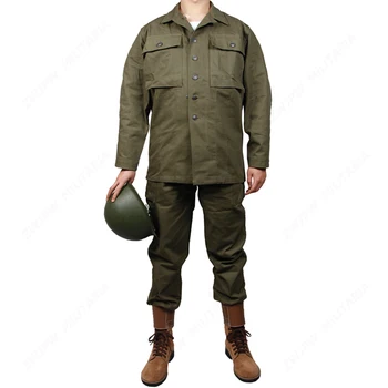 WW2 US Army Green HBT UNIFORMĂ BUMBAC PUR în aer liber UNIFORMĂ（fără cască, Fără pantofi）