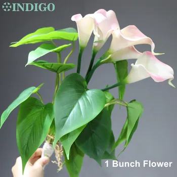 INDIGO - Roz Calla Buchet (12buc Frunze+5pcs Flori) PU Real Atingere de Floare de Cală Masă de Nuntă cu Flori Masa de Birou Diaplay