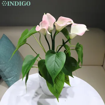 INDIGO - Roz Calla Buchet (12buc Frunze+5pcs Flori) PU Real Atingere de Floare de Cală Masă de Nuntă cu Flori Masa de Birou Diaplay