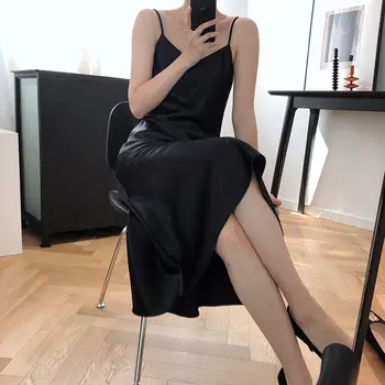 Femei Rochie fără Mâneci Solid Spaghete Curea din Satin V-gât Elegant Feminin Sexy de Vara Rochii Casual coreeană Stil Retro Nou