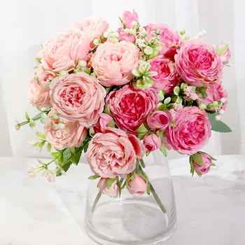 Mătase roz Bujor Flori Artificiale Crescut de Nunta DIY Acasă Decor de Înaltă Calitate Buchet Mare de Spumă Accesorii Craft Alb de Flori False