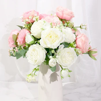 Mătase roz Bujor Flori Artificiale Crescut de Nunta DIY Acasă Decor de Înaltă Calitate Buchet Mare de Spumă Accesorii Craft Alb de Flori False