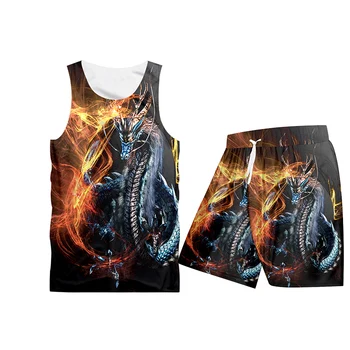 UJWI de Imprimare 3d Dragon de Foc Rece Casual Streetwear Tricou Si Pantaloni Crewneck Hanorac Barbati/Femei Trening 5XL