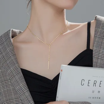 S925 Argint Colier Stil coreean O - linie în Formă de Y Clavicula Lanț Pătrat Ciucure Single-Colier Colier