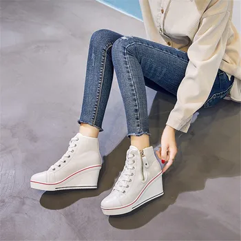 2020 Nou Plus Dimensiune Panza Pantofi De Femeie Pană Cu Fermoar Lateral Inaltime Creștere Pantofi Casual Mare Platforma De Top Adidași Pene Femei