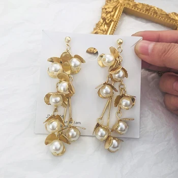 Flashbuy La Modă Perla Flori Ciucure Lung Picătură Cercei Pentru Femeile 2020 Aur Din Aliaj De Cupru Declarație Cercel Moda Bijuterii Cadou