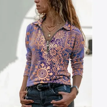 Casual Nou Tipărite Rever Maneca Lunga T-Shirt Femei De Moda Slim Rândul Său, În Jos Guler Cu Fermoar Topuri Tricouri Supradimensionate Femeie Tricouri