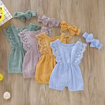 Vara Fete Nou-născuți Salopetă Set Infant Toddler Flare Sleeve Solid Dantela Print Design Costum Salopeta cu Bentita Una-Piese