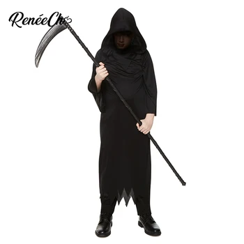 Reneecho Costum De Halloween Pentru Copii Costum Grim Reaper Pentru Copii Baieti Costum Pentru Petrecere Negru Lung Cape Capota Carnaval, Cosplay