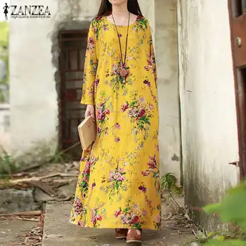 2021 Toamna Floral din Bumbac Imprimat Lenjeria de Sundress ZANZEA Femei Casual cu Maneci Lungi Rochie Vintage Maxi Lung Vestidos Haina Plus Dimensiune